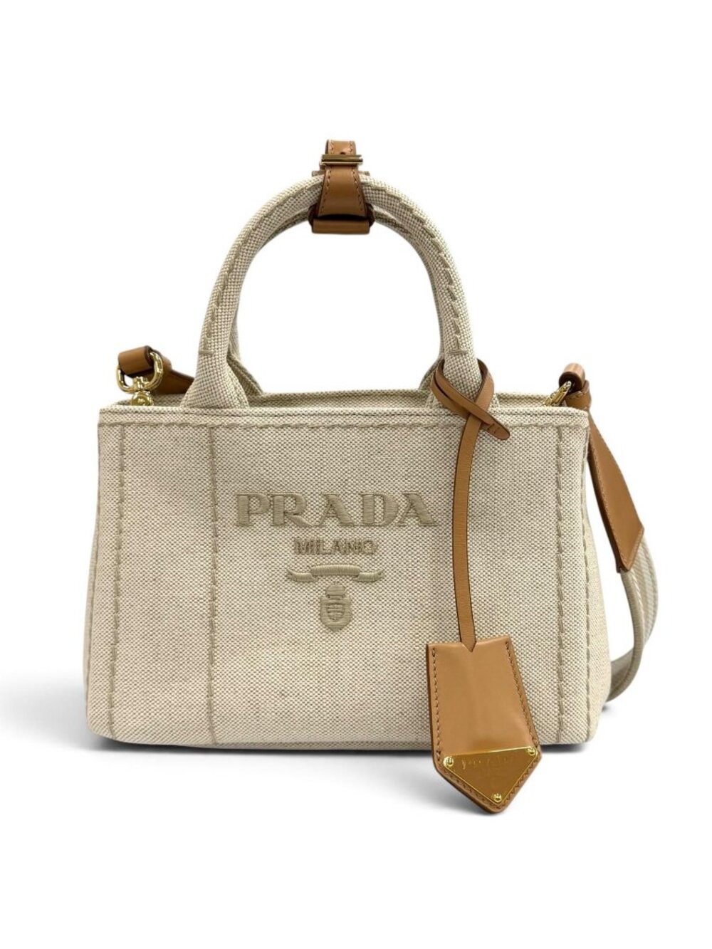Prada Canapa Licamo Jardiniere Linen Blend Mini Handbag Natural